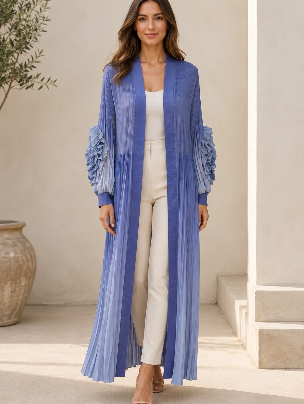 TUCKERNUCK BEULAH STYLE Long Blue Ombre Stretch Pleat Flower Sleeve Dress ALL
